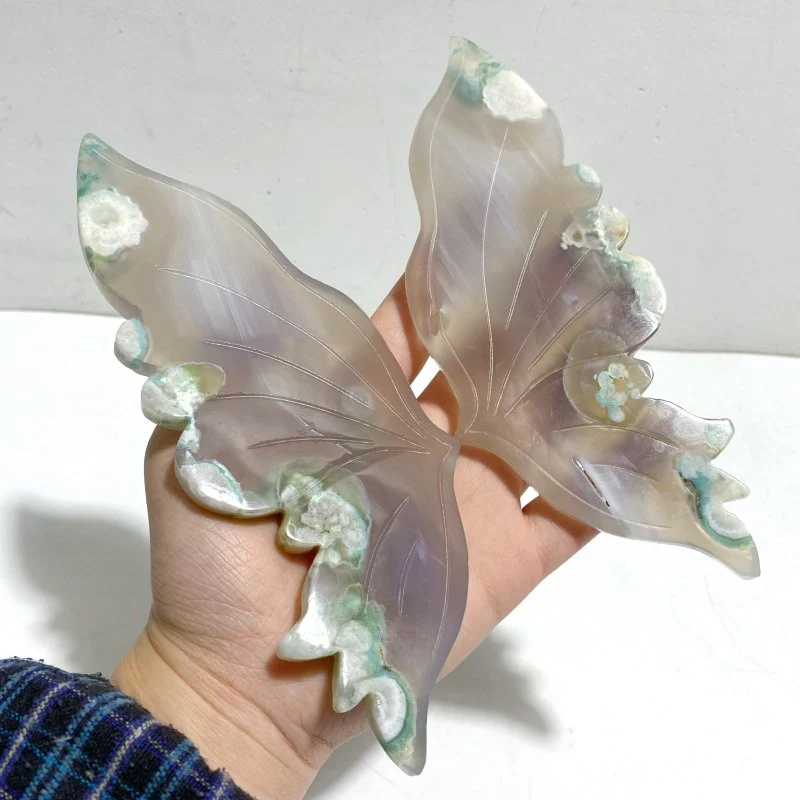 Green Sakura Flower Agate Butterfly Wing Carving With Stand - Image 4