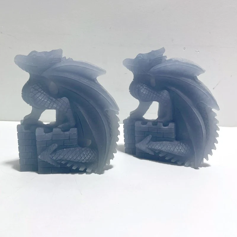 2 Pieces Blue Angelite Flying Dragon Castle Carving