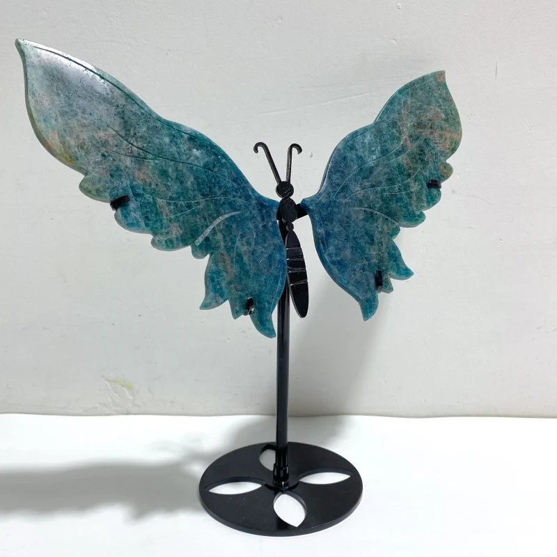 Blue Apatite Butterfly Wing Carving With Stand