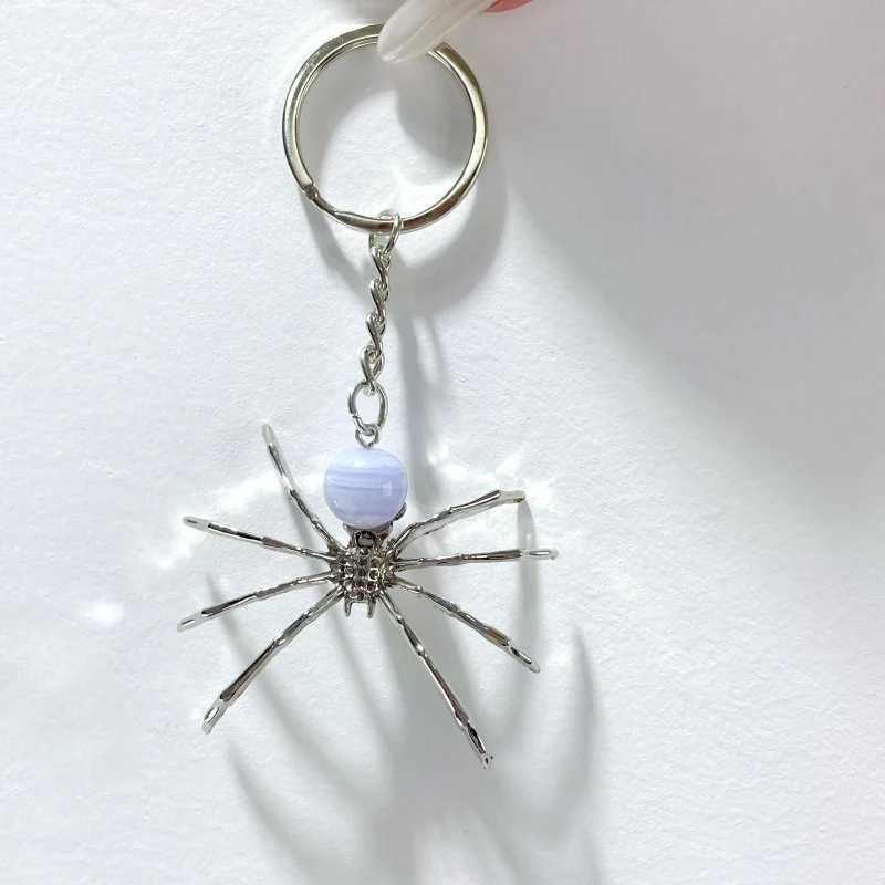 Blue Lace Agate Sphere Spider Ornament Handmade Alloy Keychain Wholesale - Image 2