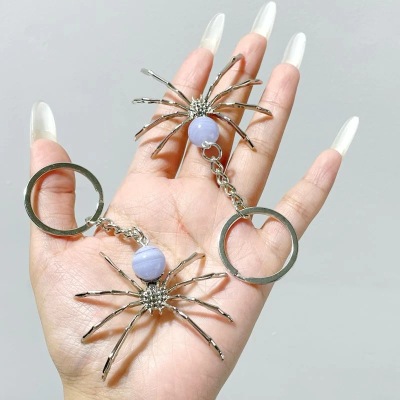 Blue Lace Agate Sphere Spider Ornament Handmade Alloy Keychain Wholesale - Image 3