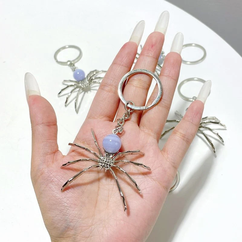 Blue Lace Agate Sphere Spider Ornament Handmade Alloy Keychain Wholesale - Image 4
