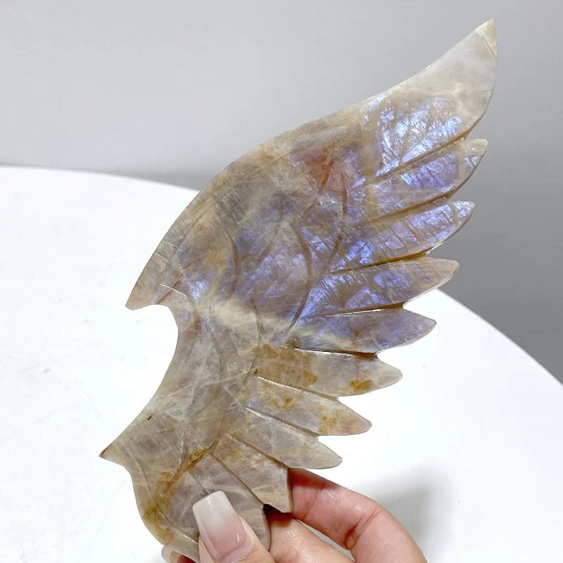 Blue Moonstone Demon And Angel Wing Carving With Stand - Image 2