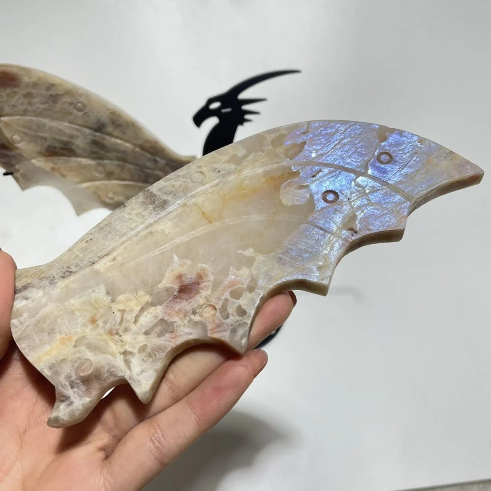 Blue Moonstone Mixed Sunstone Dragon Carving With Stand - Image 4