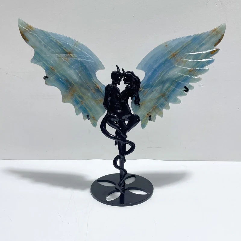 Blue Onyx Demon And Angel Wing Carving With Stand