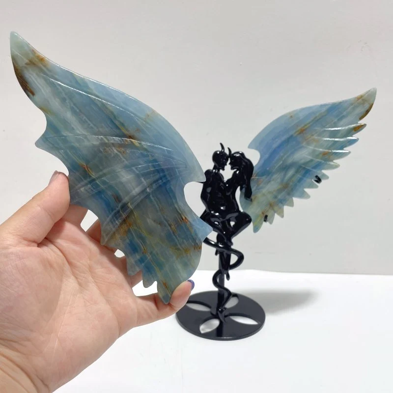 Blue Onyx Demon And Angel Wing Carving With Stand - Image 2