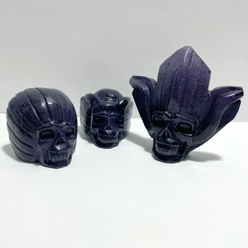 3 Pieces Blue Sandstone Indian Skull Carving
