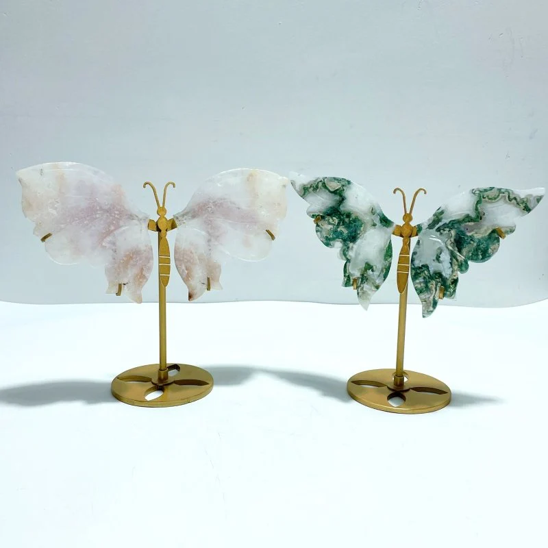 2 Pairs Butterfly Wing Carving With Stand Sakura Flower Agate Moss Agate