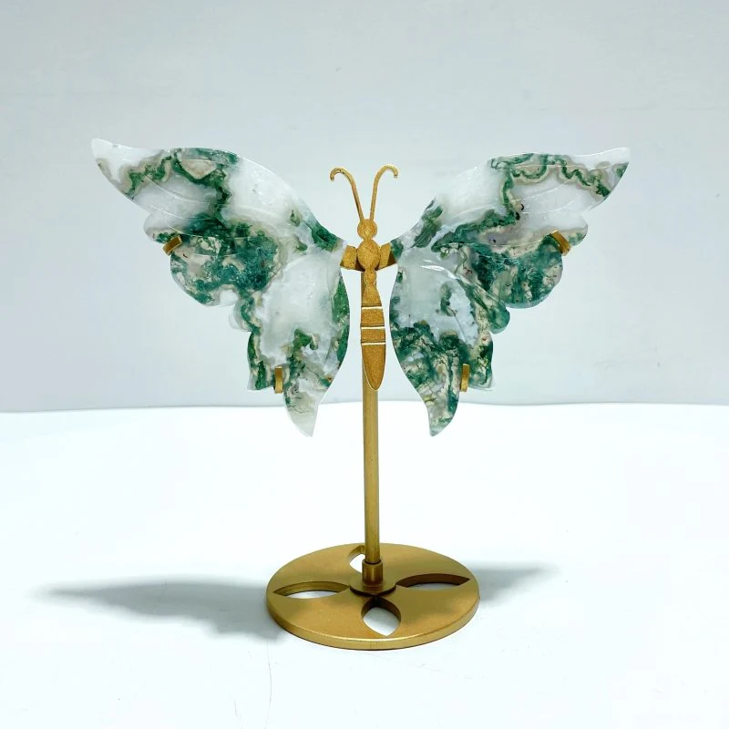 2 Pairs Butterfly Wing Carving With Stand Sakura Flower Agate Moss Agate - Image 4