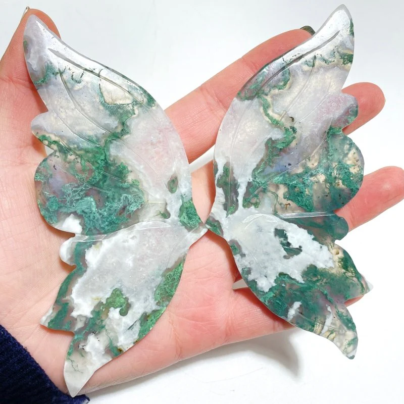 2 Pairs Butterfly Wing Carving With Stand Sakura Flower Agate Moss Agate - Image 5