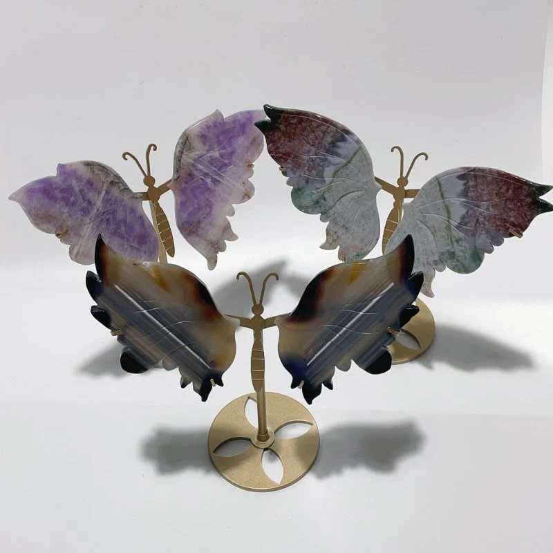 3 Pairs Butterfly Wing Carving With Stand Amethyst Mixed Agate Ocean Jasper - Image 3