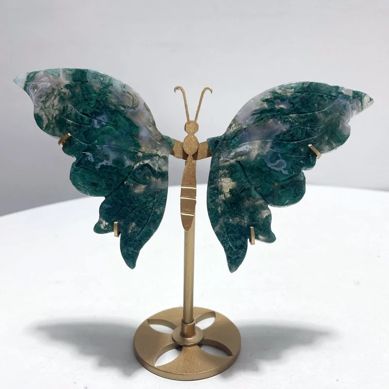4 Pairs Butterfly Wing Carving With Stand Green Aventurine Flower Agate Moss Agate - Image 2