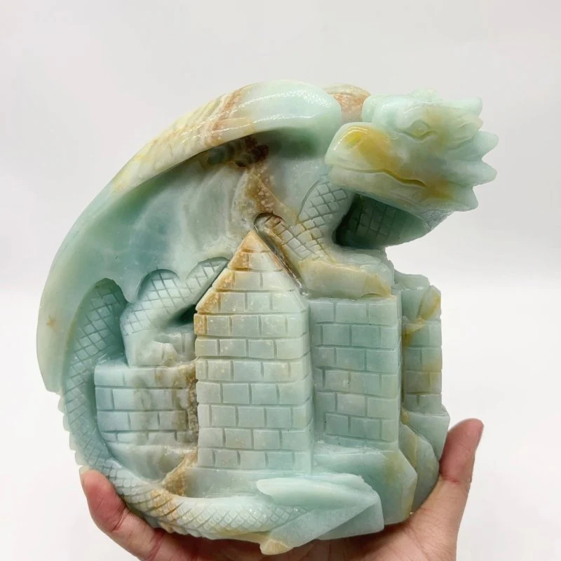 Caribbean Calcite Flying Dragon With Castle Carving - Image 2