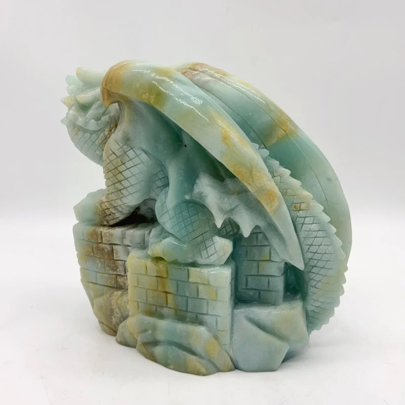Caribbean Calcite Flying Dragon With Castle Carving - Image 3