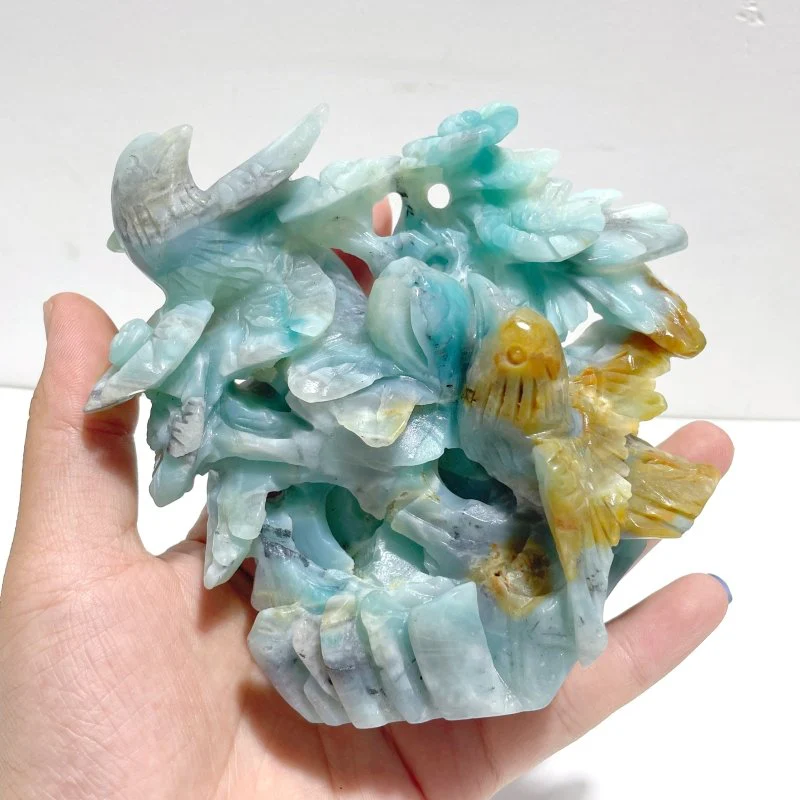2 Pieces Caribbean Calcite Mixed Pyrite Birds&Flower Carving - Image 4