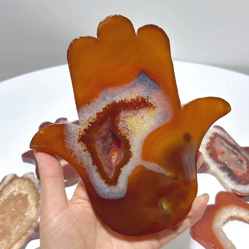 9 Pieces Large Carnelian Geode Hamsa Hand Carving - Image 5