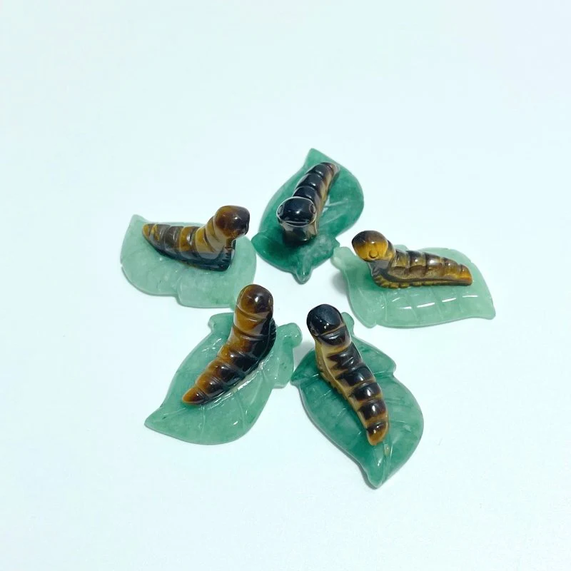 Caterpillar On Leaf Mini Carving Wholesale Tiger Eye Rose Quartz - Image 5