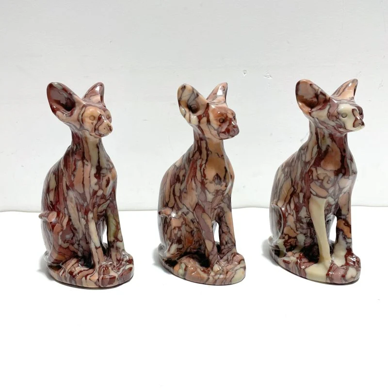 3 Pieces China Red Stone Cat Carving