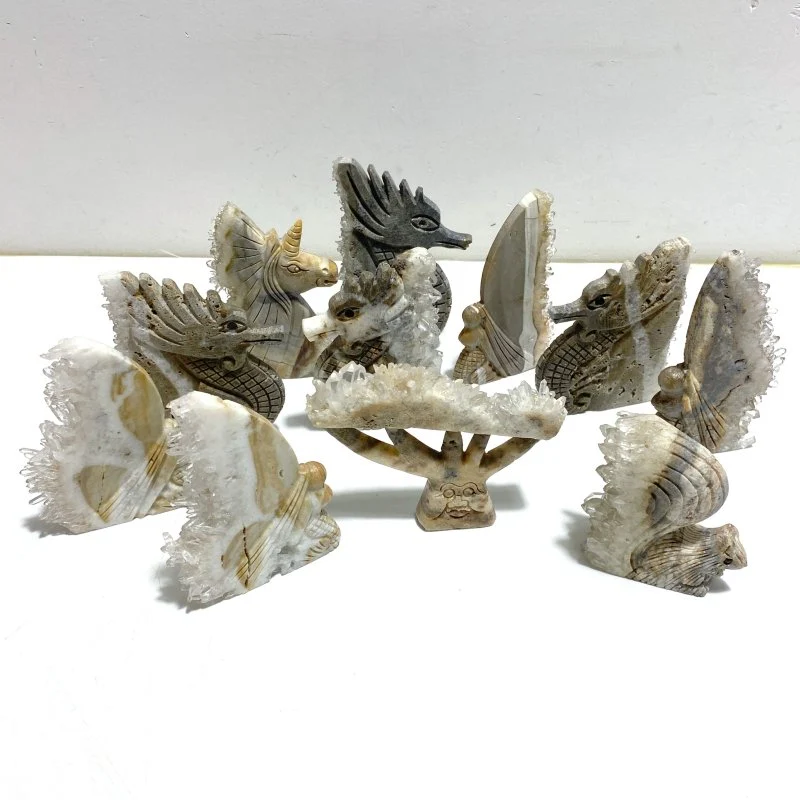 11 Pieces Cute Clear Quartz Cluster Animal Carving
