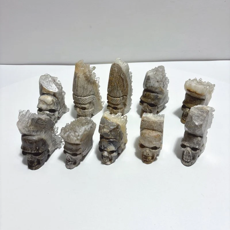 10 Pieces Clear Quartz Cluster Indian Skull Carving - Image 2