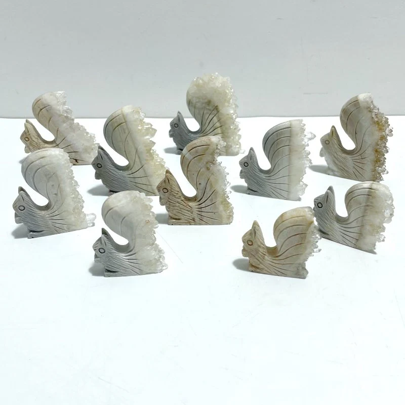 10 Pieces Clear Quartz Cluster Squirrel Carving