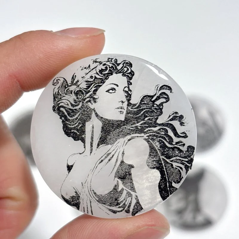 Clear Quartz Engraved Olympian Gods Round Slices DIY Accessories Wholesale