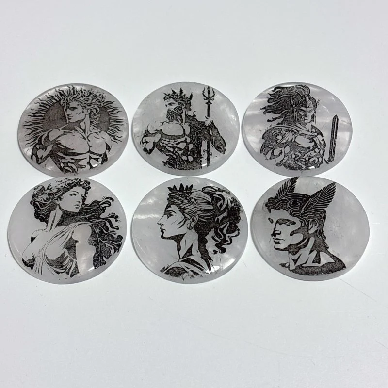 Clear Quartz Engraved Olympian Gods Round Slices DIY Accessories Wholesale - Image 2