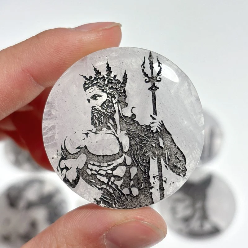 Clear Quartz Engraved Olympian Gods Round Slices DIY Accessories Wholesale - Image 4