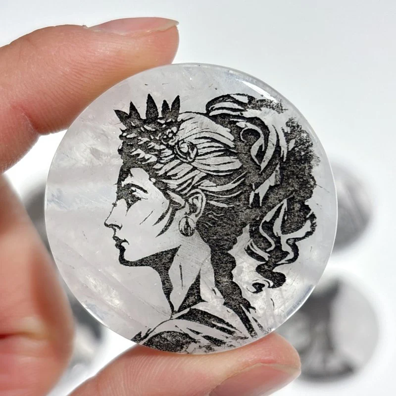 Clear Quartz Engraved Olympian Gods Round Slices DIY Accessories Wholesale - Image 6