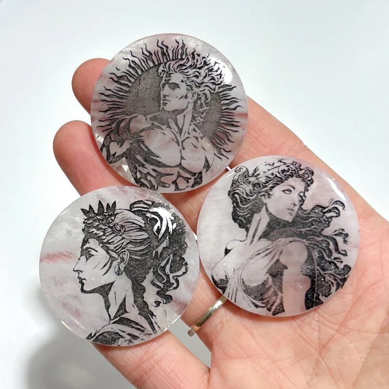 Clear Quartz Engraved Olympian Gods Round Slices DIY Accessories Wholesale - Image 7