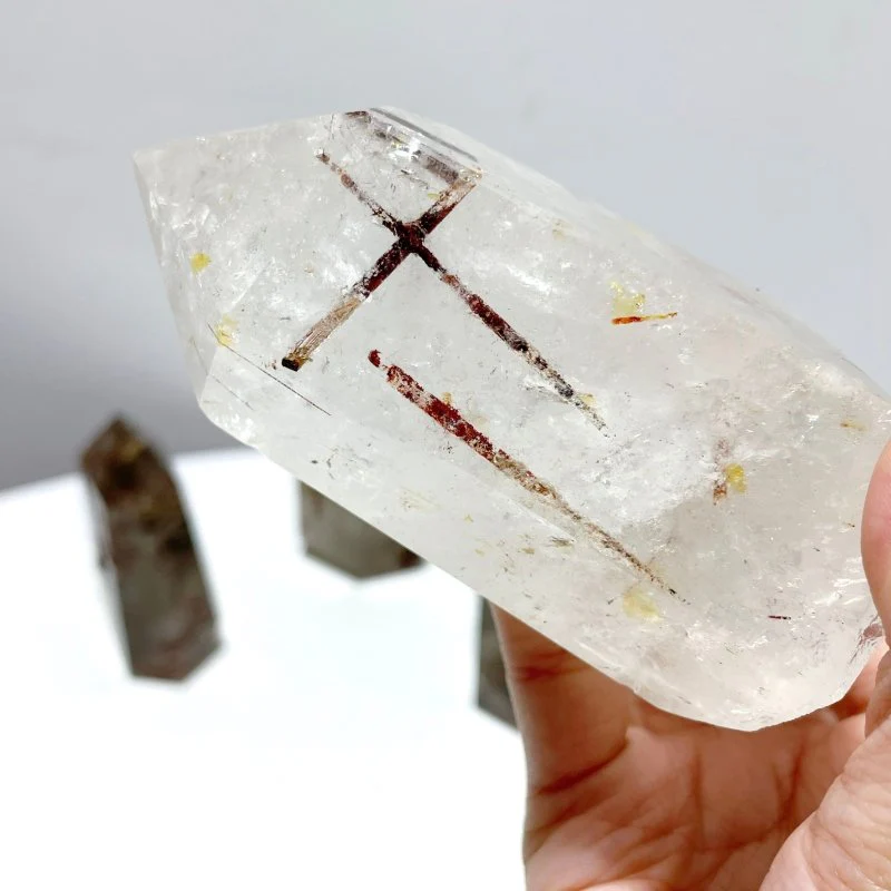 5 Pieces Clear Quartz With Tourmaline Inclusion Polished Tower - Image 2