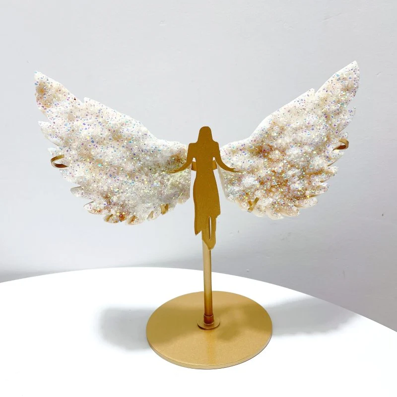 Colorful Aura Quartz Cluster Angel Wing Carving With Stand