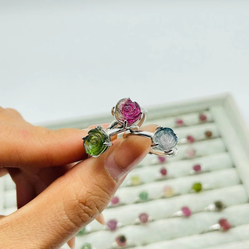 51 Pieces Colorful Tourmaline Different Styles Flower Shape Sterling Silver Ring - Image 6