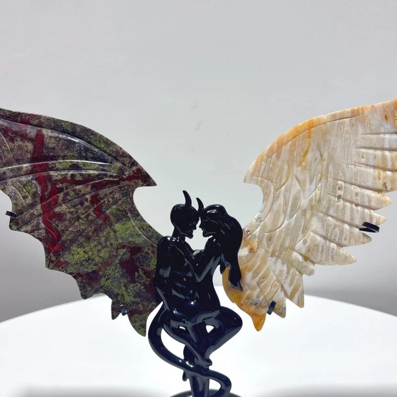 Coral Jade Dragon Blood Stone Demons Angel And Wing Carving With Stand - Image 2