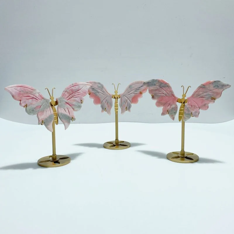 3 Pairs Cute Pink Opal Butterfly Wing Carving With Stand