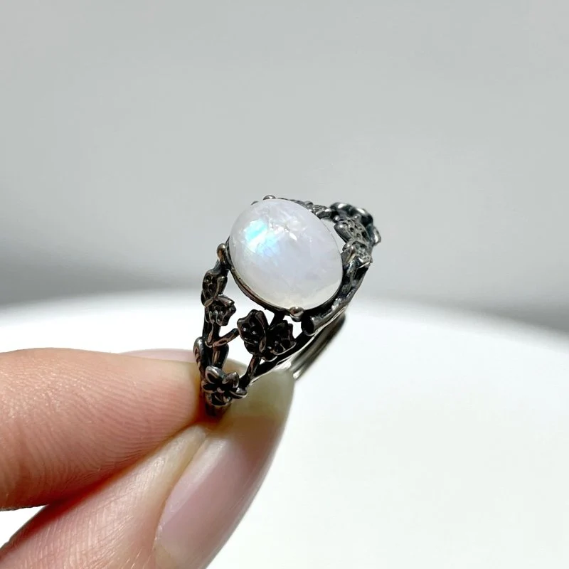 #D9 Silver Rings Flower Shape Wholesale Labradorite Moonstone Garnet Sunstone Rose Quartz