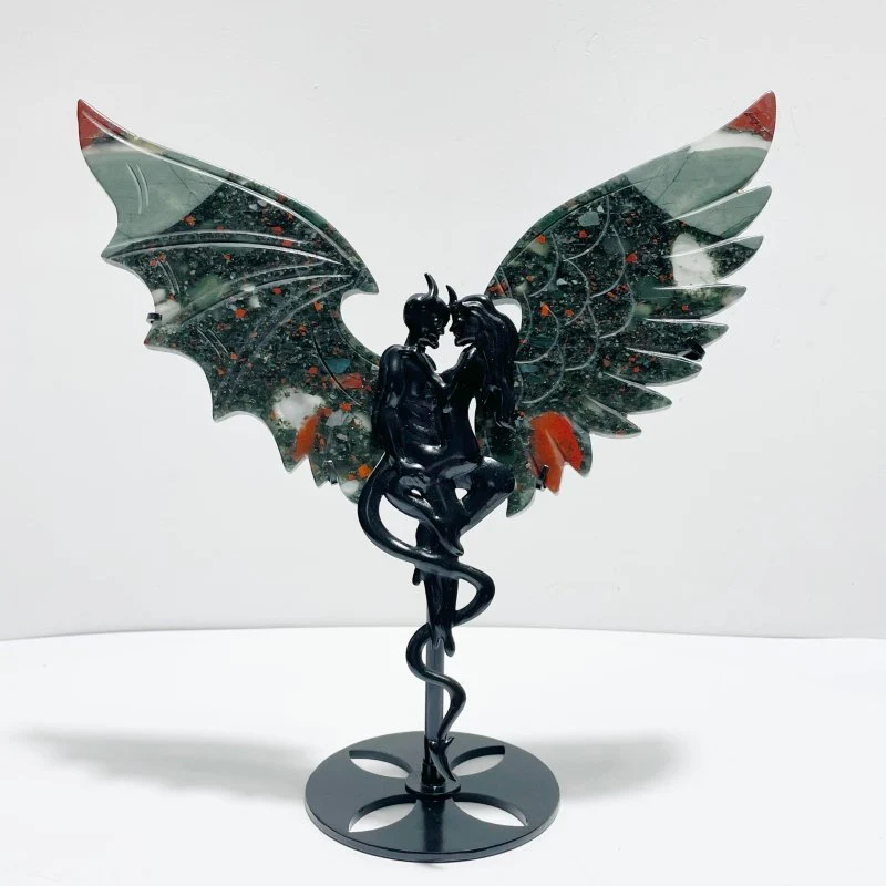 Africa Blood Stone Demon And Angel Wing Carving With Stand