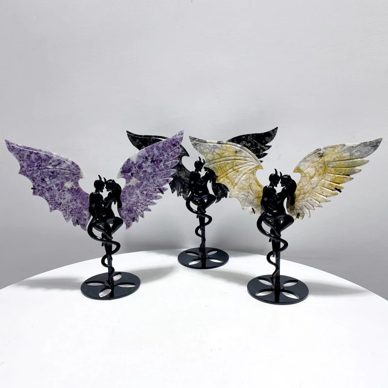 3 Pairs Demon And Angel Wing Carving With Stand Lepidolite Pyrite Crazy Agate