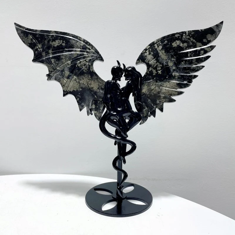 3 Pairs Demon And Angel Wing Carving With Stand Lepidolite Pyrite Crazy Agate - Image 2