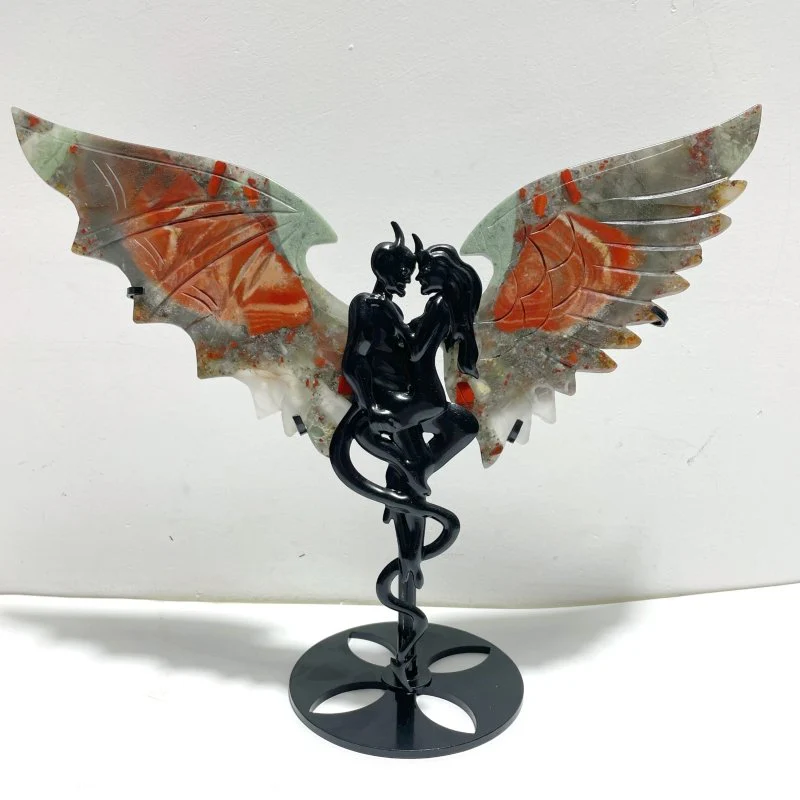 2 Pairs Demon And Angel Wing Carving With Stand Africa Blood Stone Pink Afghanistan Jade - Image 5