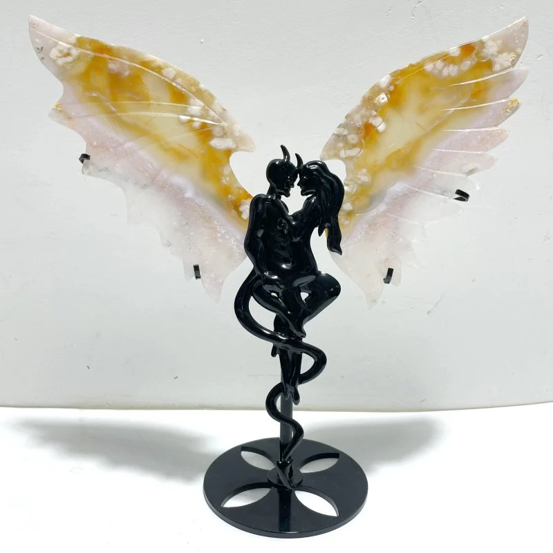 Beautiful Sakura Flower Agate Demon And Angel Wing Carving With Stand