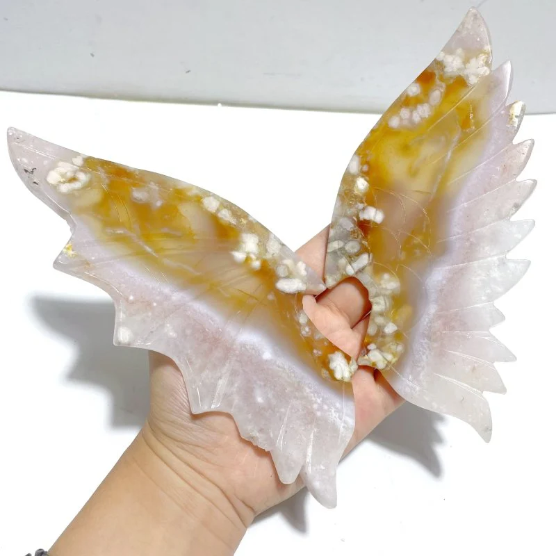 Beautiful Sakura Flower Agate Demon And Angel Wing Carving With Stand - Image 2