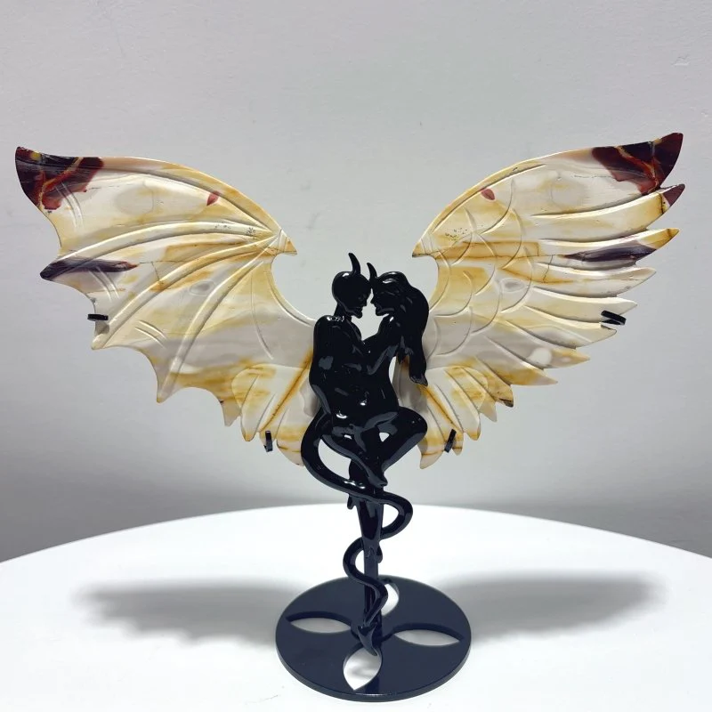 2 Pairs Demon And Angel Wing Carving With Stand Pink Flower Agate Mookaite - Image 2