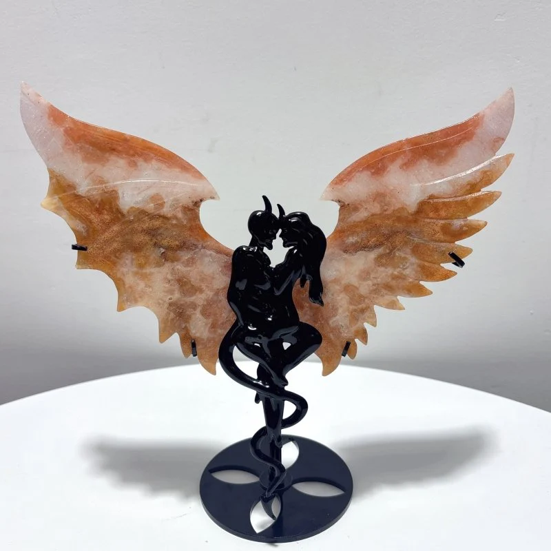 2 Pairs Demon And Angel Wing Carving With Stand Pink Flower Agate Mookaite - Image 3