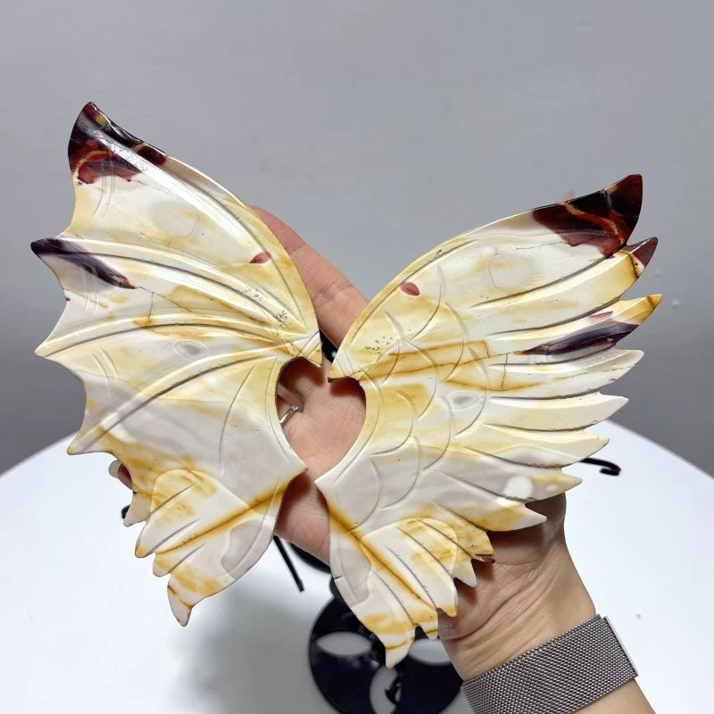 2 Pairs Demon And Angel Wing Carving With Stand Pink Flower Agate Mookaite - Image 4