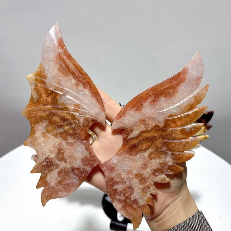 2 Pairs Demon And Angel Wing Carving With Stand Pink Flower Agate Mookaite - Image 5