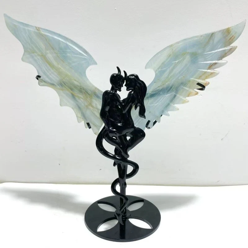 Blue Onyx Demon And Angel Wing Carving With Stand Ornament
