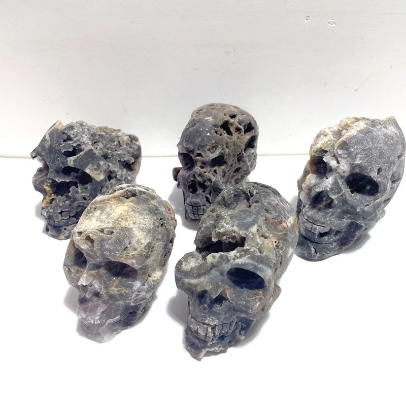 5 Pieces Druzy Geode Purple Fluorite Skull Carving - Image 2