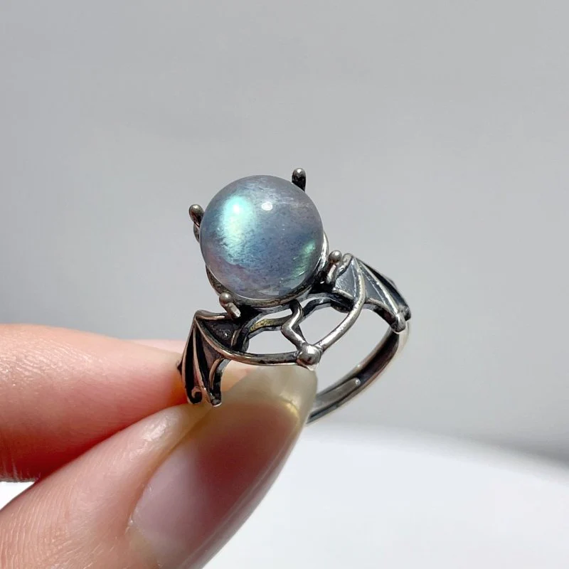 #E8 Silver Rings Devil Wings Shape Wholesale Malachite Strawberry Quartz Labradorite Clear Quartz