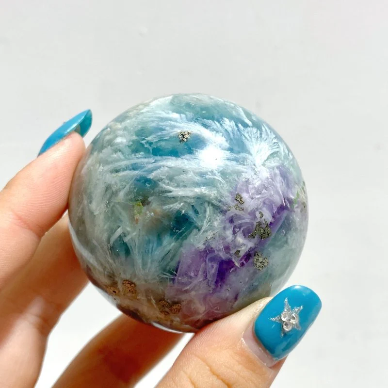 12 Pieces Feather Fluorite Mixed Pyrite Sphere Balls - Image 2